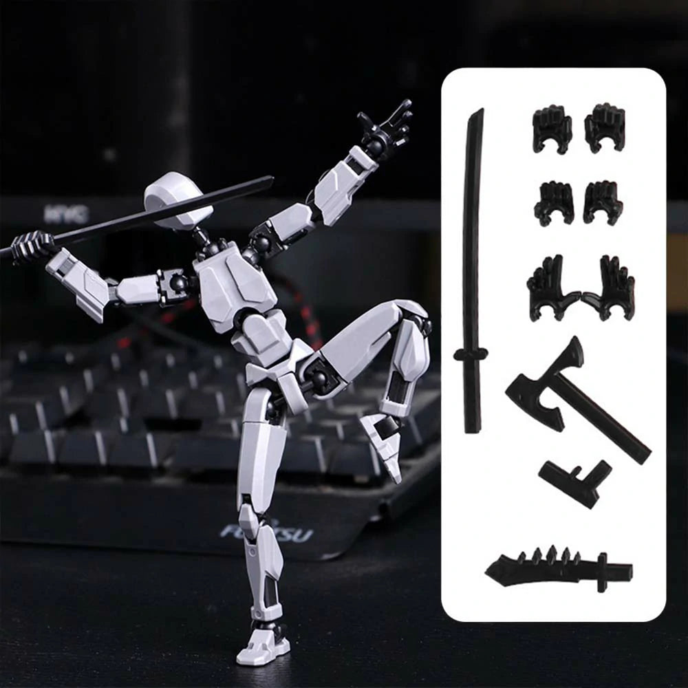 A white and black articulated action figure posed dynamically with a sword, shown beside a white panel displaying interchangeable black accessories including a sword, axe, gloves, and weapon pieces.