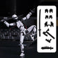 A white and black articulated action figure posed dynamically with a sword, shown beside a white panel displaying interchangeable black accessories including a sword, axe, gloves, and weapon pieces.