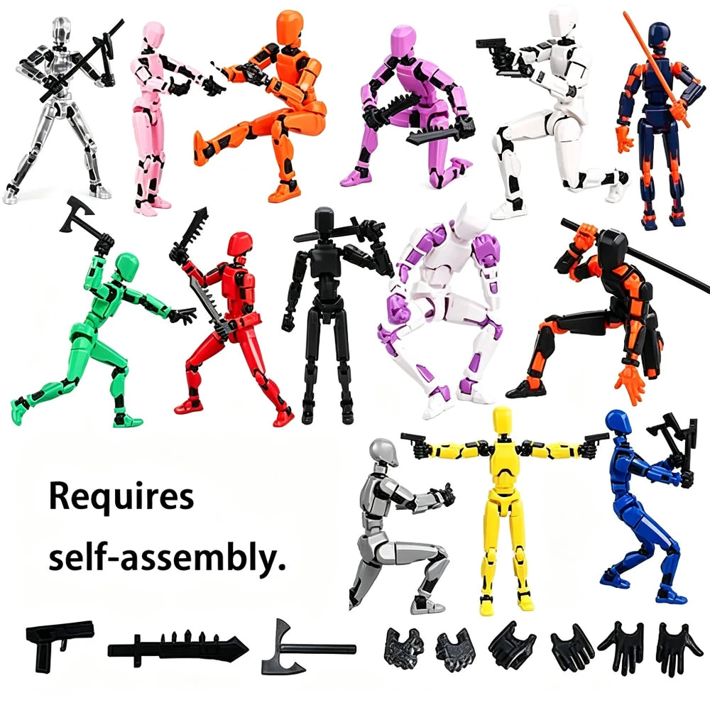 Set of 12 plastic action figure mannequins in various colors and poses, shown with included black accessories (guns, swords, helmets, gloves, and a pickaxe) on a white background. Text on the image reads 'Requires self-assembly.