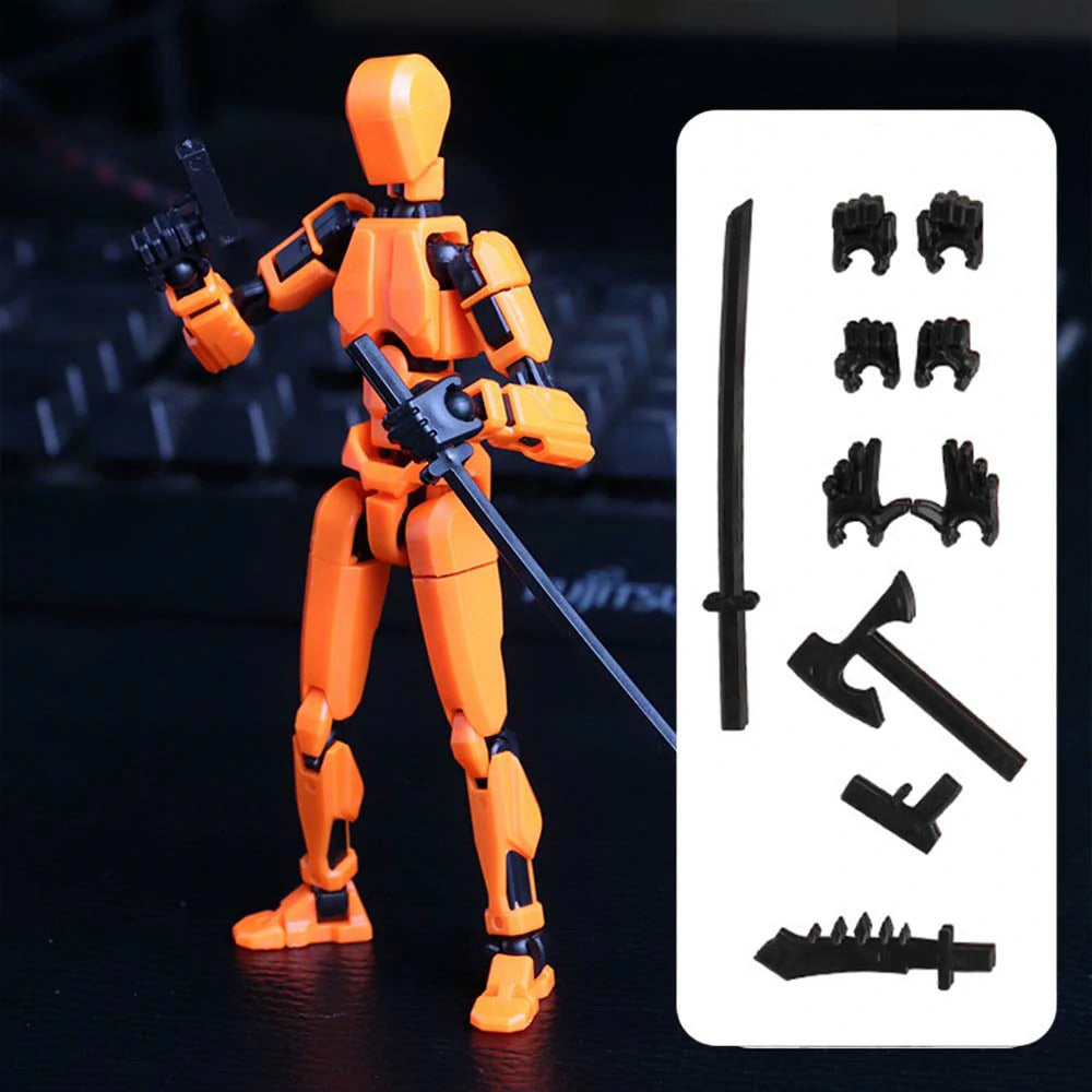 An orange articulated action figure posed on a dark surface, holding a long sword. To the right is a white panel showing additional black accessory pieces such as hands, weapon attachments, and extra sword blades.