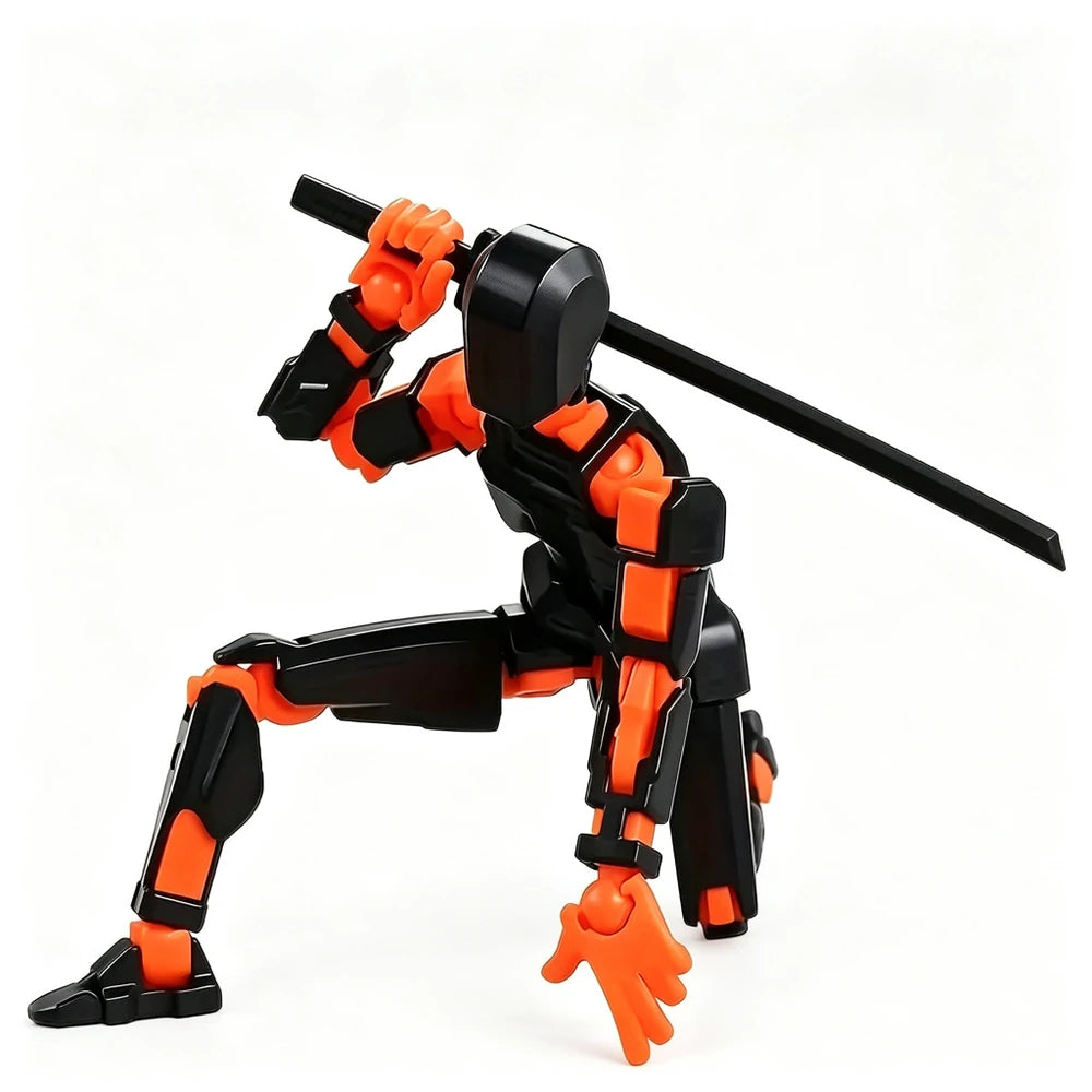 A black and orange articulated action figure posed in a crouching ninja-like stance with a sword on a plain white background.