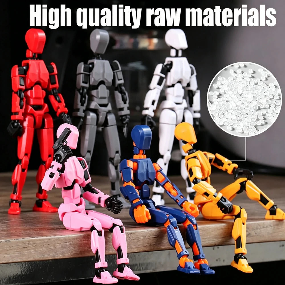 Five articulated humanoid action figures in red, gray, white, pink, blue, and yellow-orange poses on a wooden surface, with a circular inset showing white plastic beads and the text 'High quality raw materials' at the top.