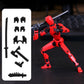 A red articulated action figure posed with a sword on a dark surface, next to a white panel showing additional black accessory pieces such as extra hands, a sword, axe, and sword parts.