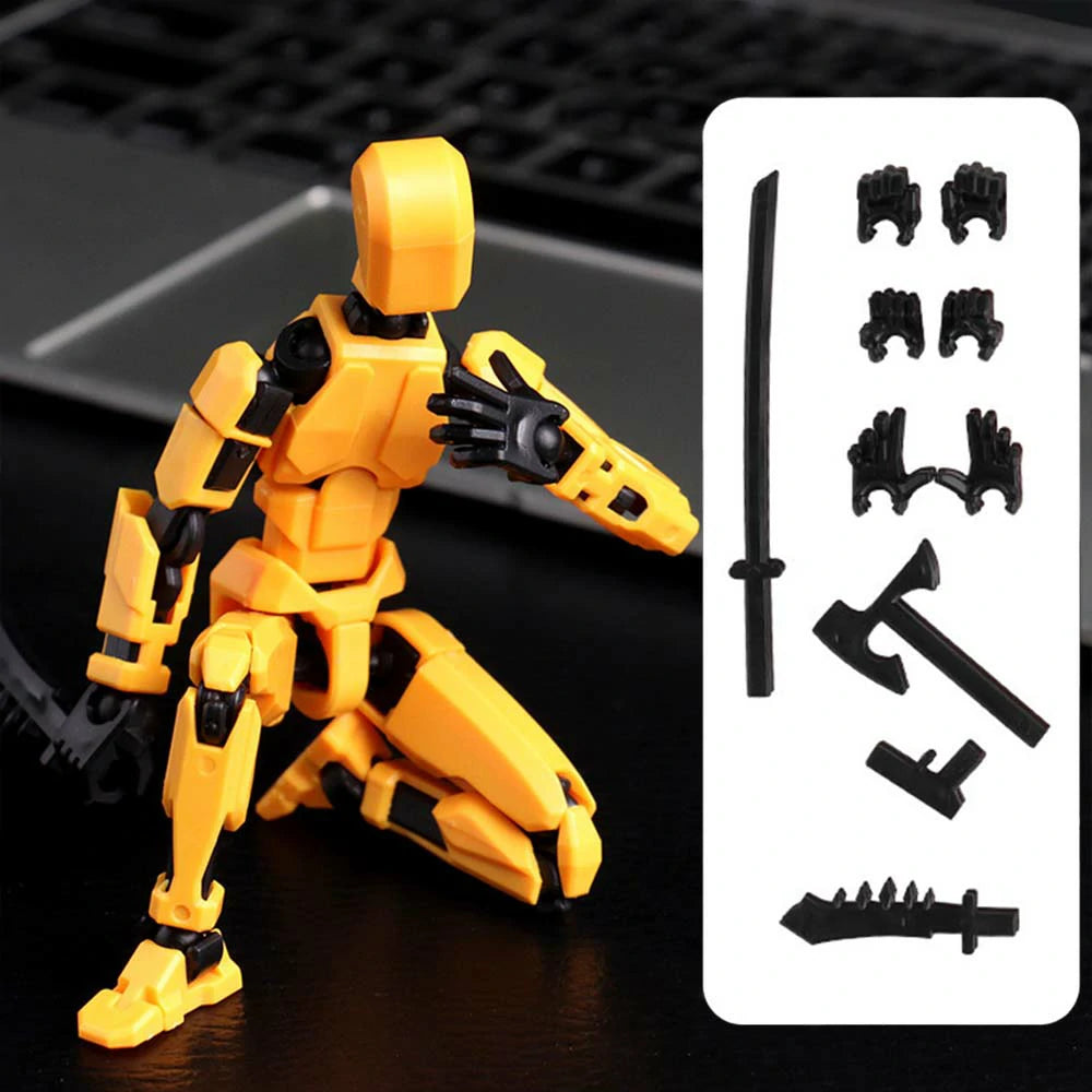 A yellow and black articulated action figure posed kneeling on a dark surface, with an inset panel on the right showing additional black accessory weapons and parts.
