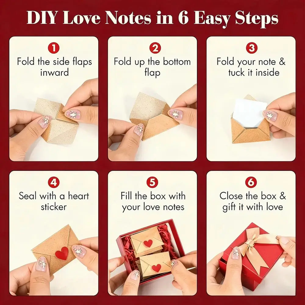 DIY Love Notes in 6 Easy Steps infographic showing a six-step guide with hand illustrations and photos of hands performing each step, from folding a kraft paper box to sealing it with a heart sticker and finally presenting a red gift box with a tied bow.