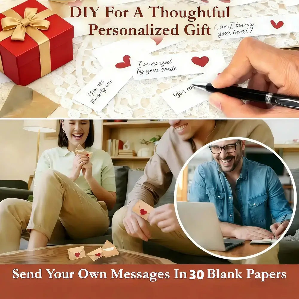 Promotional collage for a personalized gift set, showing a red gift box with a gold bow, blank message cards with heart graphics, a hand writing on a card, and a couple opening cards in a living room. Text reads 'DIY For A Thoughtful Personalized Gift' and 'Send Your Own Messages In 30 Blank Papers.