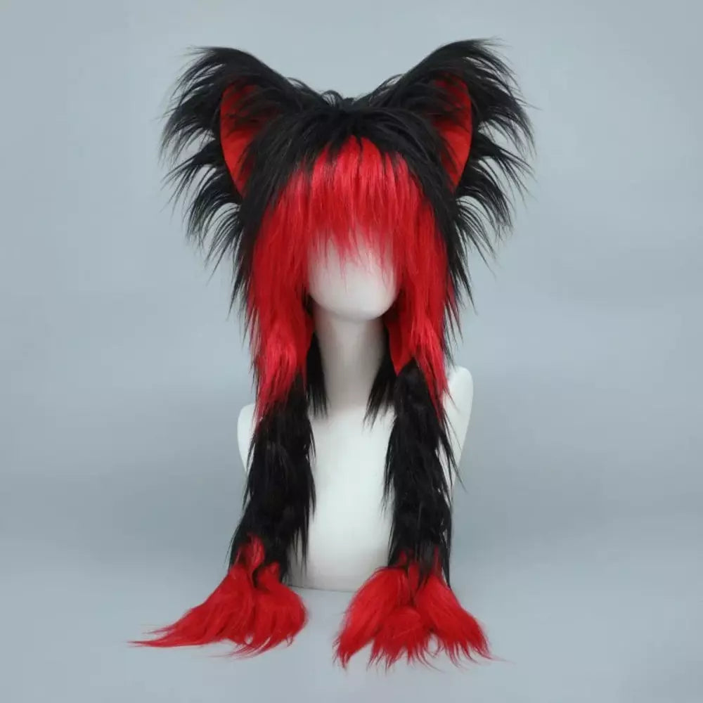 Black red fluffy plush hat with cute cat ears