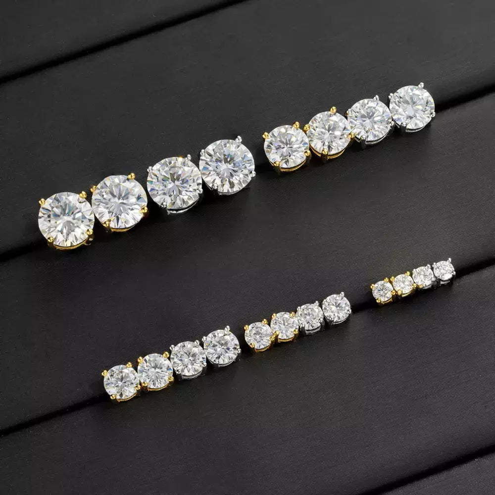 Four-prong setting on a round lab-created moissanite stud earring