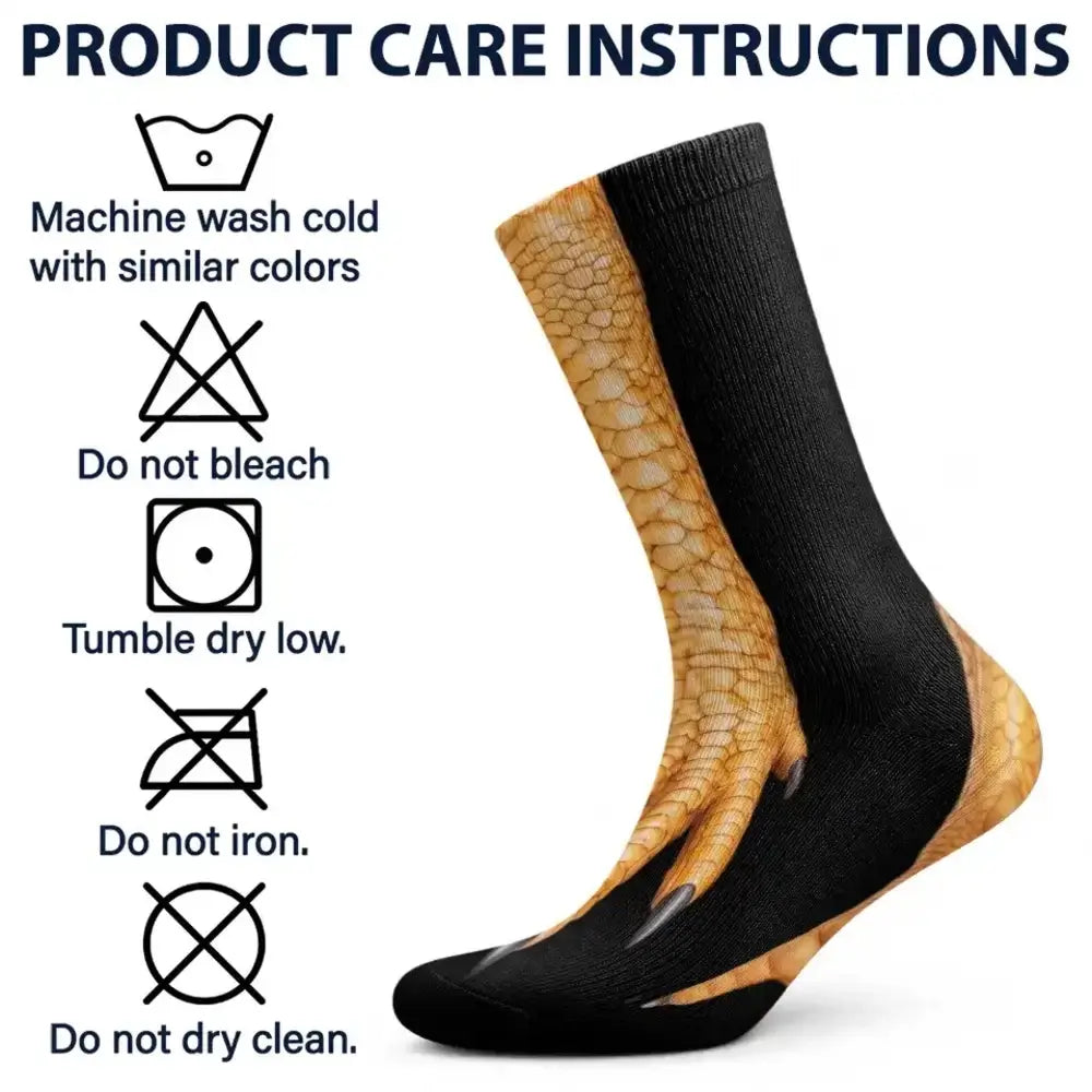 A chicken foot sock beside laundry care icons for machine washing no bleach low tumble dry no iron and no dry clean