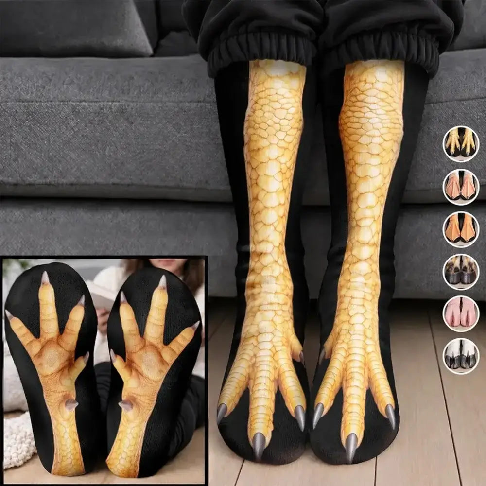 Yellow scaled chicken foot socks worn on legs standing before a gray sofa with small thumbnails of other animal styles