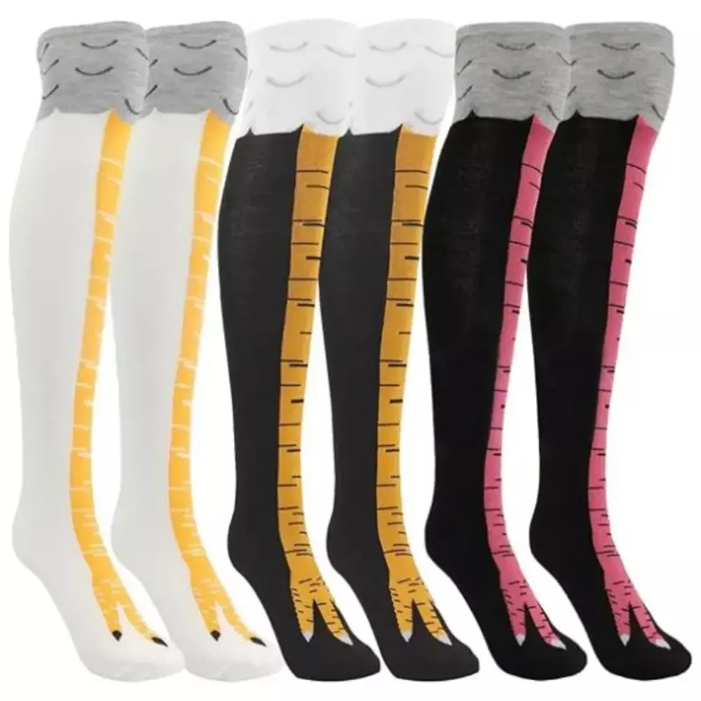 Three colors of chicken-themed novelty socks