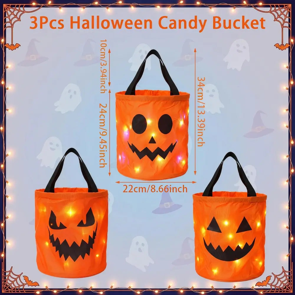 Three orange Halloween candy buckets with black handles and jack-o'-lantern faces, shown on a light blue background with dimension labels and the text '3Pcs Halloween Candy Bucket'.
