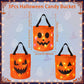 Three orange Halloween candy buckets with black handles and jack-o'-lantern faces, shown on a light blue background with dimension labels and the text '3Pcs Halloween Candy Bucket'.