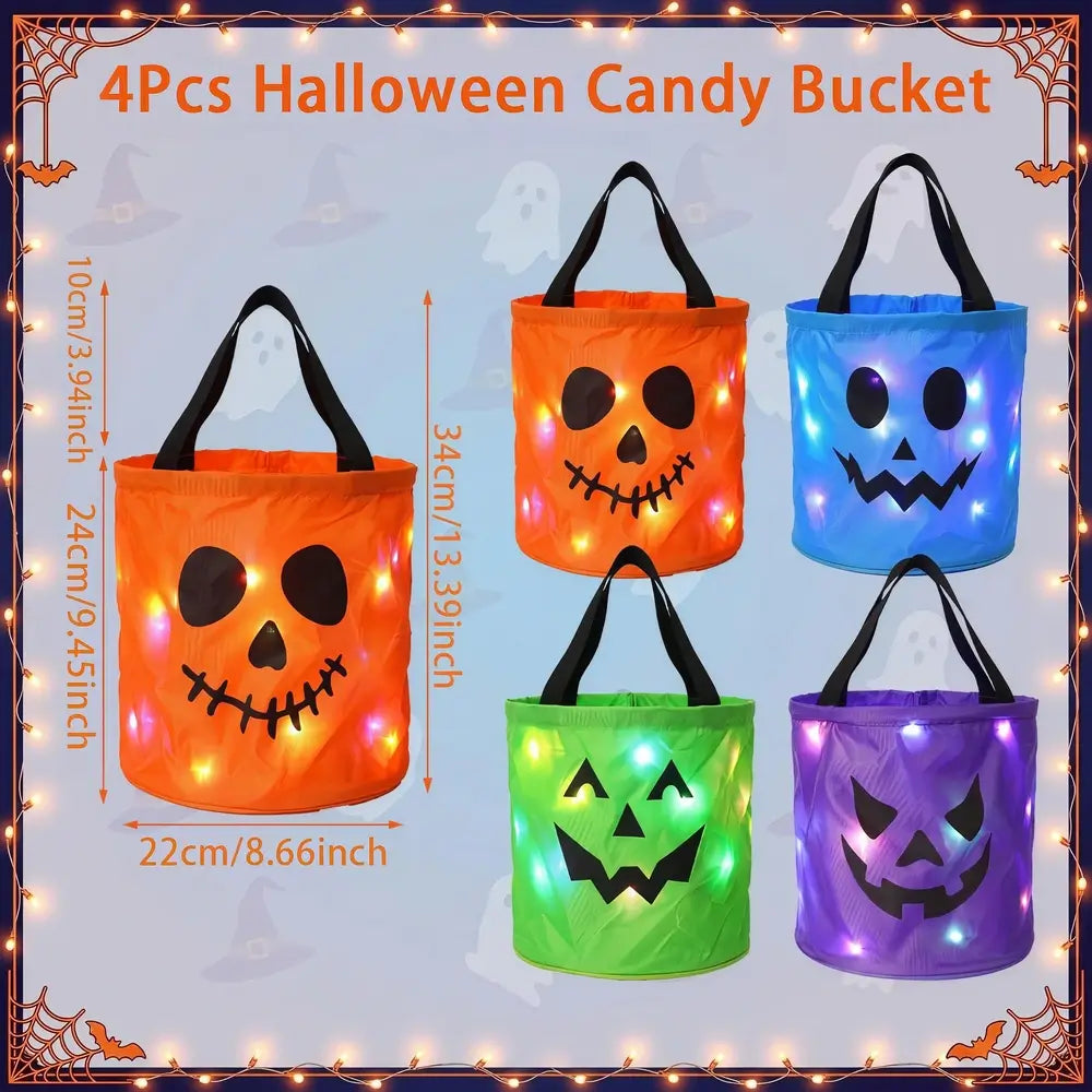 Four inflatable Halloween candy buckets with jack-o'-lantern faces, shown in orange, blue, green, and purple, each glowing with multicolor LED lights. The image includes dimension markings for the buckets and decorative Halloween-themed borders.