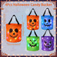 Four inflatable Halloween candy buckets with jack-o'-lantern faces, shown in orange, blue, green, and purple, each glowing with multicolor LED lights. The image includes dimension markings for the buckets and decorative Halloween-themed borders.