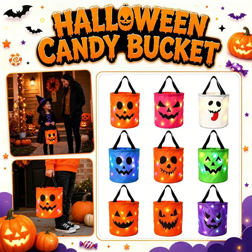 Halloween candy bucket tote bags shown in multiple bright colors with glowing jack-o'-lantern faces, plus two lifestyle photos of a child and an adult using the buckets at a decorated porch. Large text at the top reads 'HALLOWEEN CANDY BUCKET'.