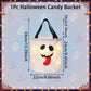 A white Halloween candy bucket with black handles and a ghost face design, shown with overlaid dimensions and text reading '1Pc Halloween Candy Bucket' on a light blue background with ghost and witch motifs.