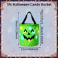 A green inflatable Halloween candy bucket with black handles and a jack-o'-lantern face, shown with overlaid dimensions (34 cm tall, 22 cm wide) and a lighted glow effect. The image includes the text '1Pc Halloween Candy Bucket' and a decorative Halloween border with ghosts and spiderwebs.