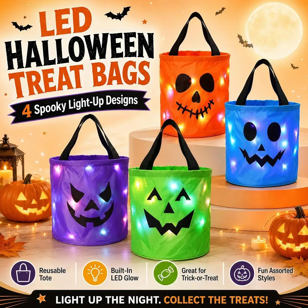 Four reusable LED Halloween treat bags in purple, green, orange, and blue, each with a black handle and a glowing jack-o'-lantern face. The bags are displayed on white pedestals against an orange Halloween background with pumpkins, bats, and a full moon.