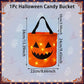 An orange Halloween candy bucket with black handles and a jack-o'-lantern face, shown with dimension labels for height and width on a light blue background with ghost motifs and a decorative border.