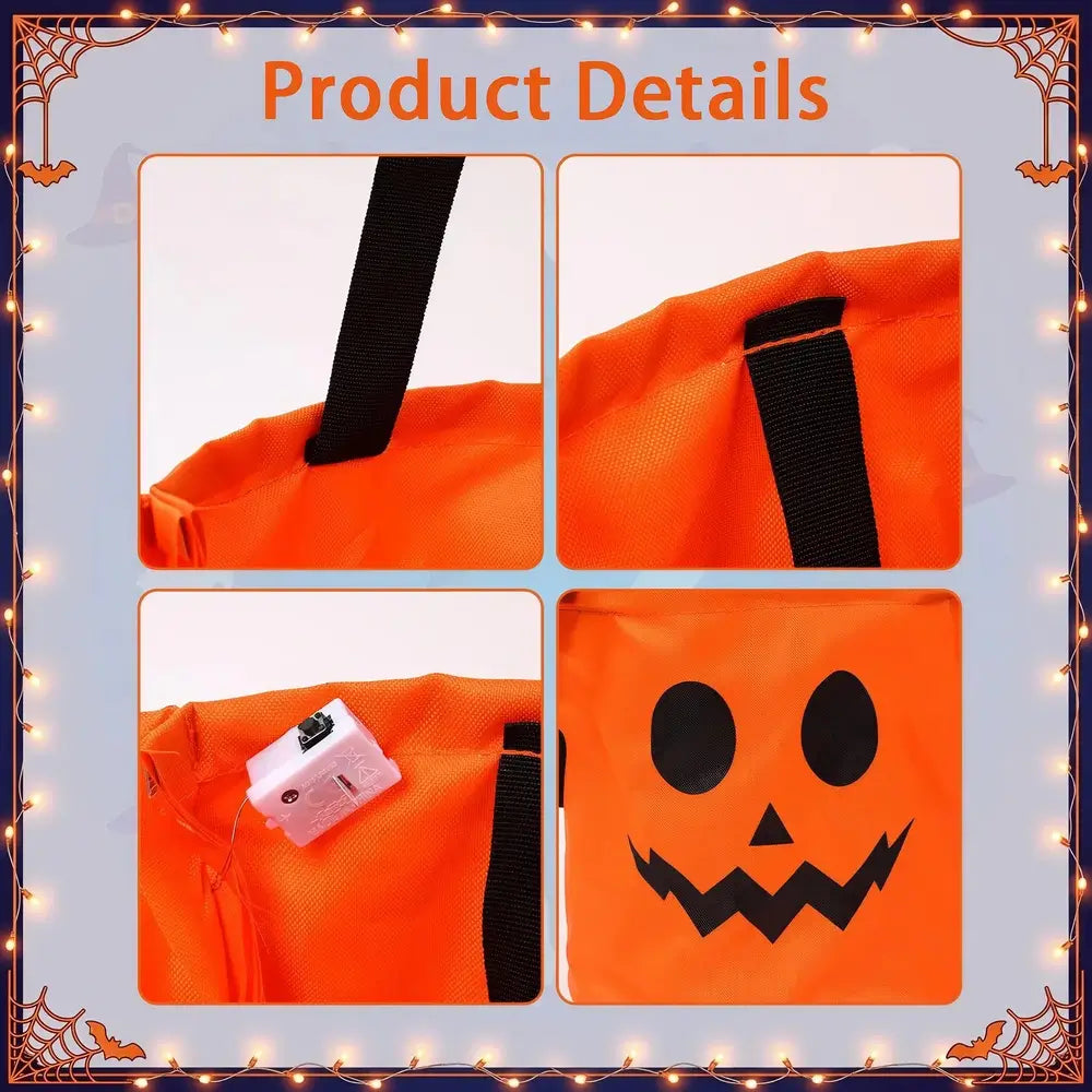 Product details collage showing an orange Halloween bucket bag with black handles, a white lockable compartment, and a black jack-o'-lantern face print on a light blue decorative background.