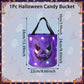 A purple Halloween candy bucket with black handles and a jack-o'-lantern face, shown with overlaid dimensions (34cm tall, 24cm wide, 10cm handle) and the text '1Pc Halloween Candy Bucket' on a ghost-patterned background.
