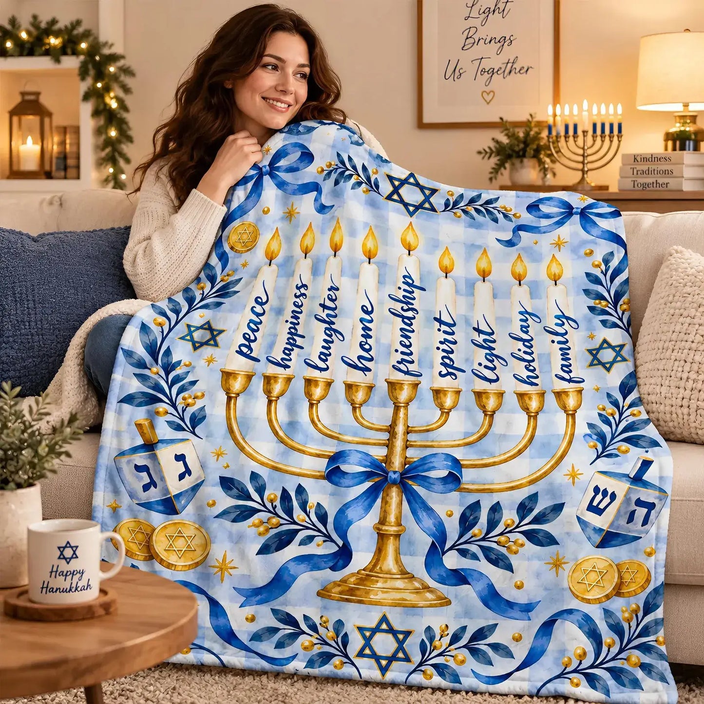 A woman wraps herself in the Hanukkah patterned blanket on a beige sofa with a lit menorah and a Happy Hanukkah mug nearby