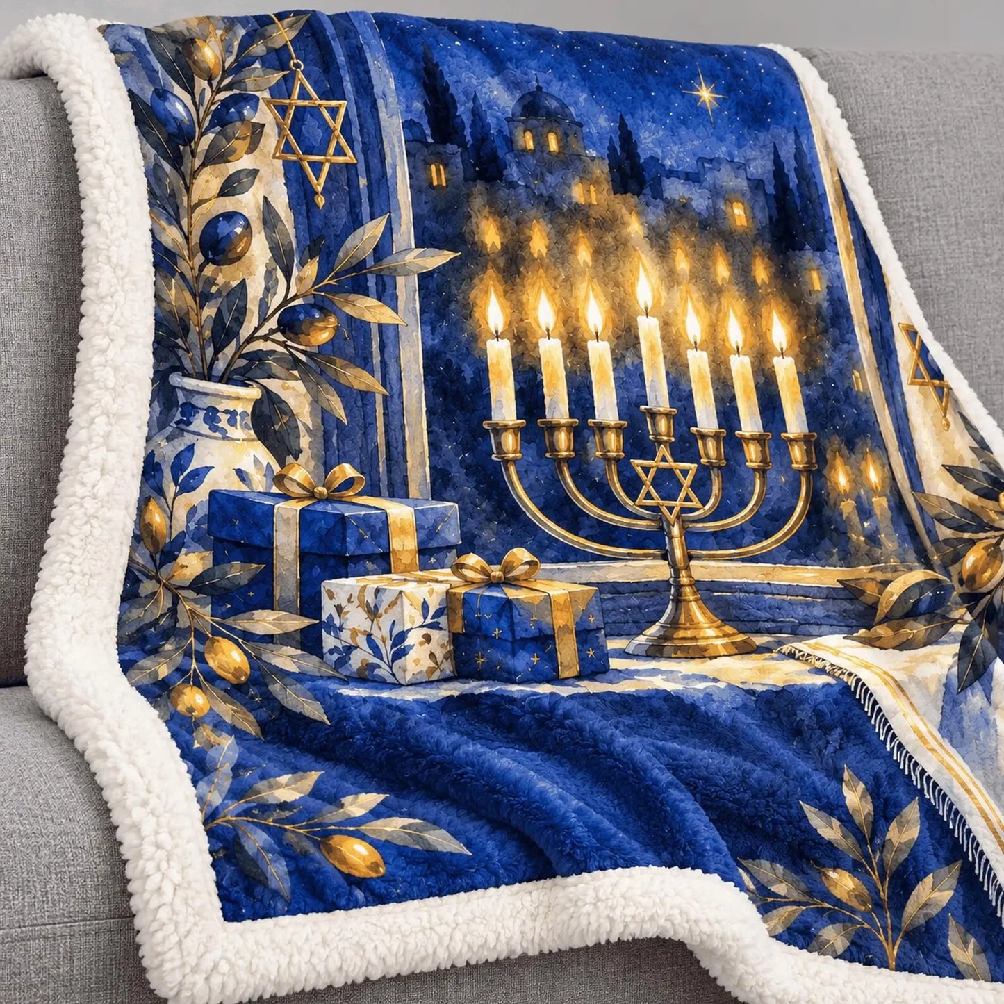 A close view of the soft blue fleece blanket showing the golden menorah candles olive branches and Star of David pattern