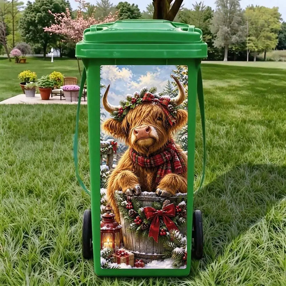 Highland cattle trash can sticker for Christmas outdoor bin decoration