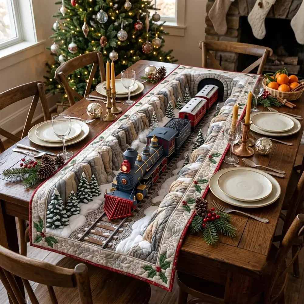 A quilted table runner with track snowy pines tunnel and a toy steam train puffing smoke on a dining table decorated with candles wreath and Christmas tree