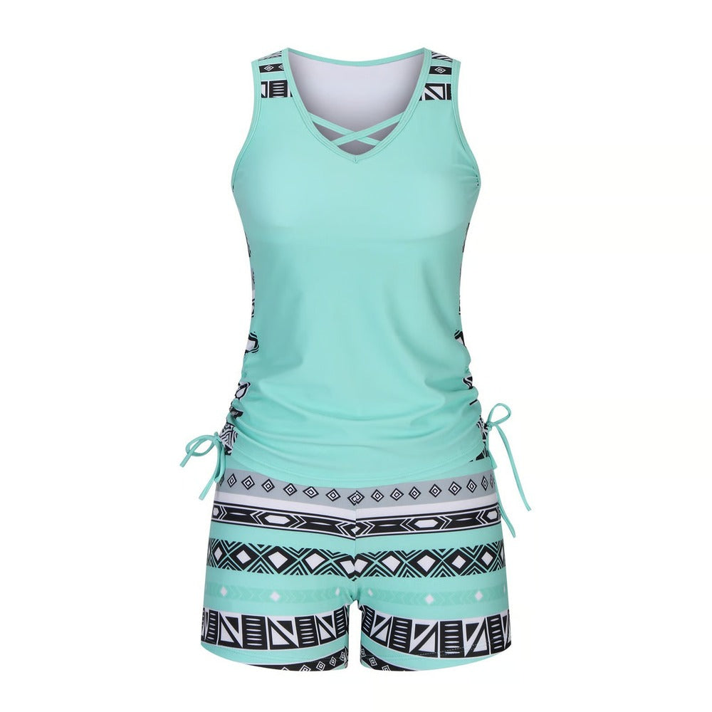 Women's Tummy Control Tankini Set with Built-In Bra – Flattering Boho Swimwear with Shorts