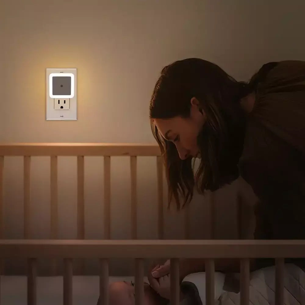 Warm white night light illuminating a bedroom at night