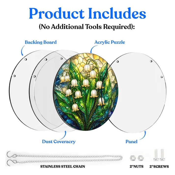 A diagram showing the included parts of the lily bells acrylic puzzle suncatcher such as backing board dust cover panel stainless steel chain nuts and screws