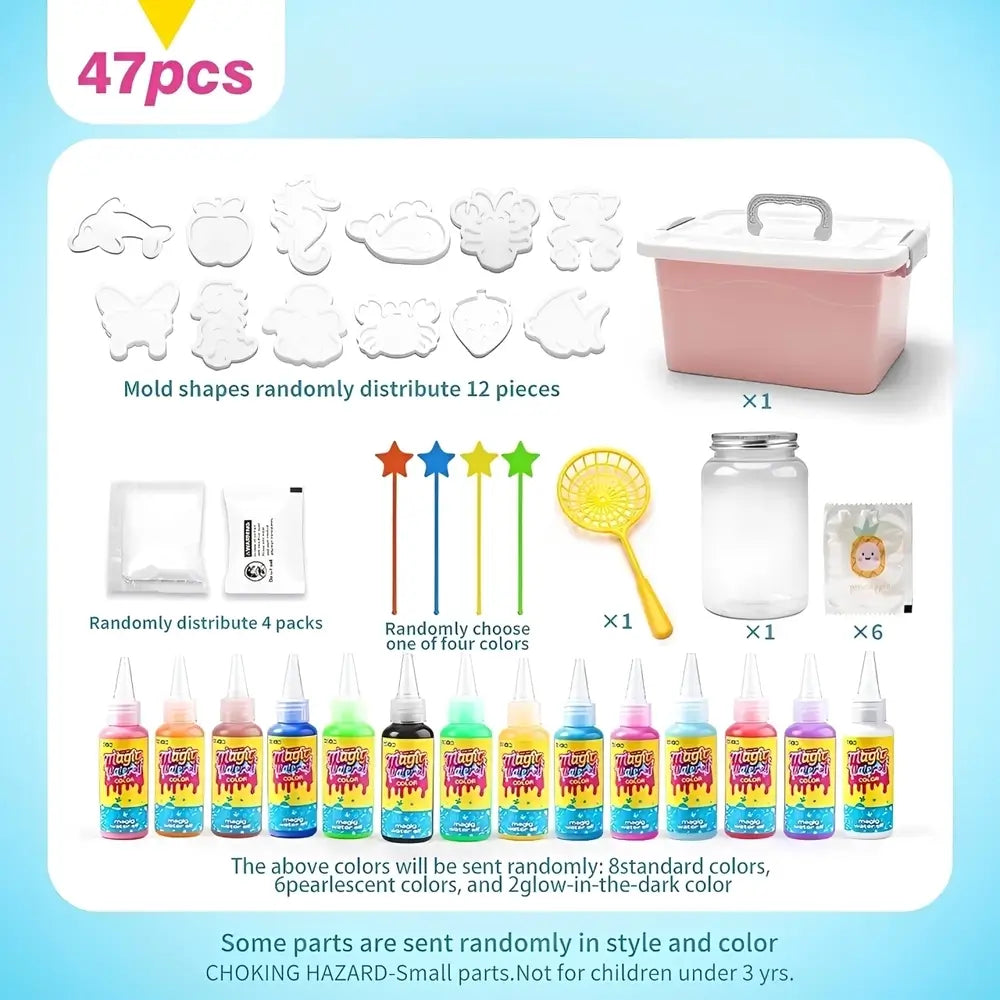 A product bundle listing for a children's craft paint kit, showing 47 pieces including 12 mold shapes, a pink storage box, paint bottles in multiple colors, a yellow paint brush, and other accessories on a light blue and white background.