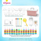 A product bundle listing for a children's craft paint kit, showing 47 pieces including 12 mold shapes, a pink storage box, paint bottles in multiple colors, a yellow paint brush, and other accessories on a light blue and white background.