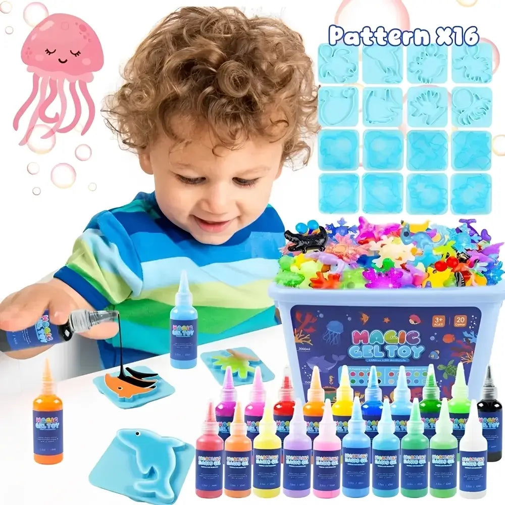 A young child is shown using a magic gel toy kit, pouring black gel paint onto a blue dinosaur-shaped mold. The kit includes a large tub filled with colorful plastic toy pieces, multiple bottles of colored gel paint, and a sheet of 16 blue pattern molds.