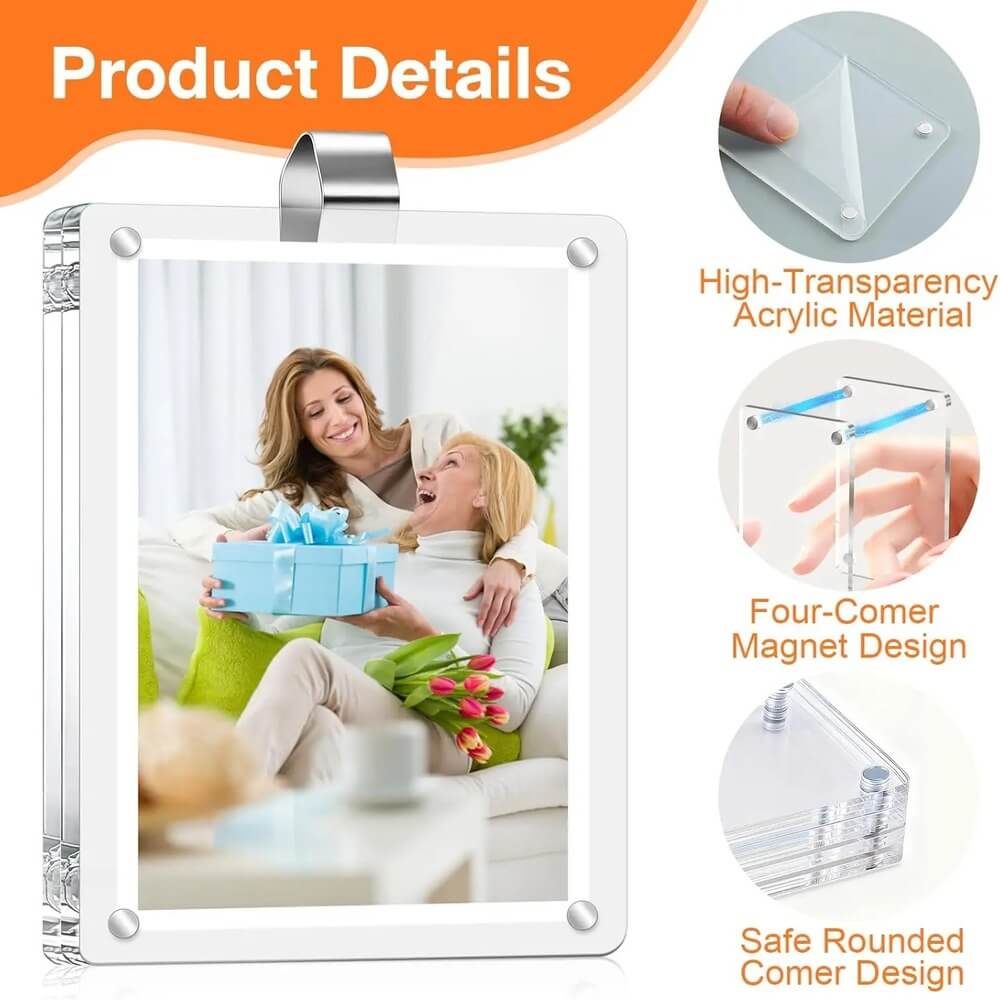 A clear acrylic picture frame with a silver metal hanger and four corner magnets, shown on a white background with an orange 'Product Details' banner and feature callouts including high-transparency acrylic, four-corner magnet design, and safe rounded corner design.