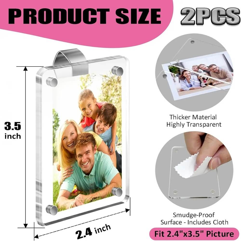 Two clear acrylic picture frames shown on a white background with product size annotations: one 3.5 inch by 2.