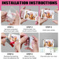 Six-panel installation instructions showing how to use a clear acrylic picture frame holder: peeling off protective films, sliding it open, inserting a photo, removing adhesive backing, attaching a clip, and clipping it onto a sun visor holder.