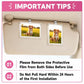 An instructional graphic showing two small rectangular photo frames attached to the inside of a beige car sun visor. The top header reads 'IMPORTANT TIPS' and the bottom text says to remove the protective film from both sides before use and not to pull hard within 24 hours of first installation.