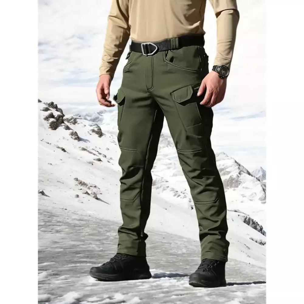 Men's fleece-lined tactical pants styled for outdoor activities