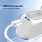 A white portable speaker shown with a USB charging cable plugged in, on a light blue graphic background with text reading 'USB Rechargeable' and 'Fast 1-Hour Quick Charge'.