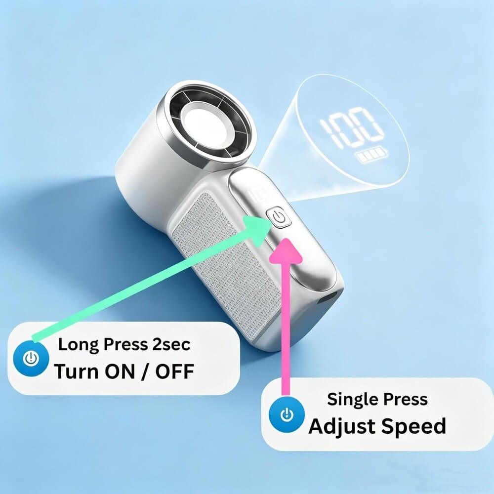 A handheld electric fan with a metallic silver body and a white textured side panel, shown on a light blue background with overlaid arrows and text explaining how to turn it on and adjust speed.