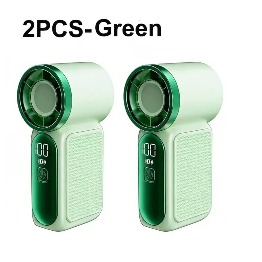 Two portable cooling fans in mint green and dark green, shown side by side on a white background with the text '2PCS-Green' at the top.