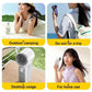 A four-panel promotional collage showing a handheld portable fan/cold air device in use: outdoor camping, travel on a trip, desktop usage, and home use, with text labels under each panel.