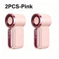 Two pink handheld fan devices shown side by side on a white background, with the text '2PCS-Pink' at the top. The fans have metallic rose-gold accents around the circular fan heads and a small digital display on the front.