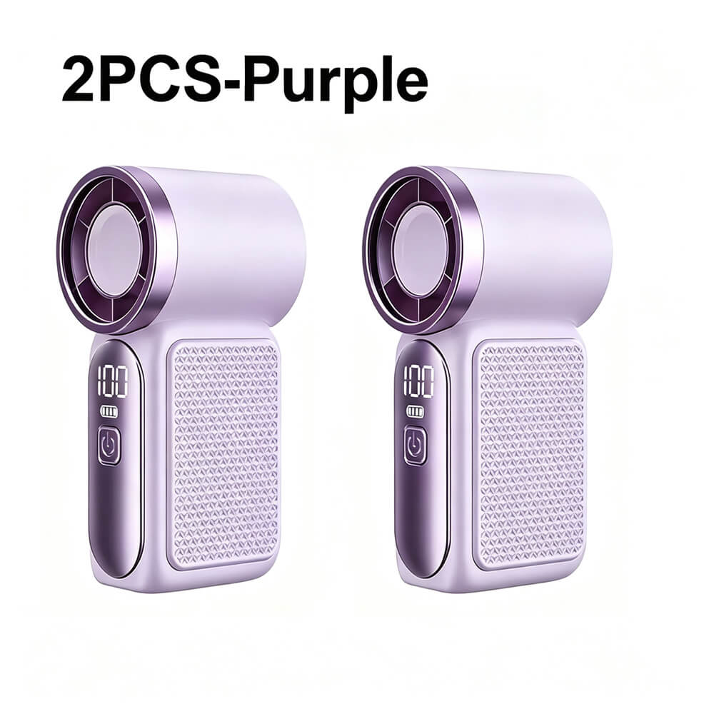 Two purple handheld fan devices shown side by side on a white background, with the text '2PCS-Purple' at the top.