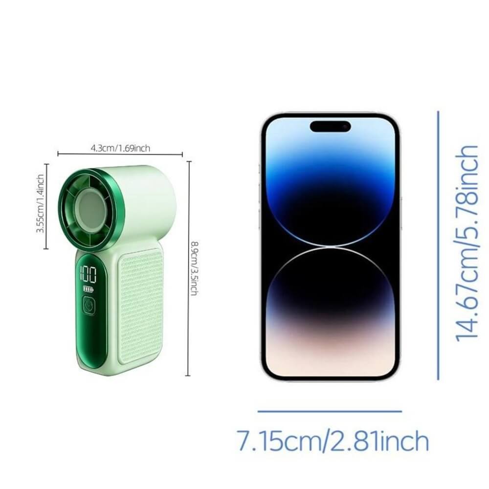 A small handheld fan shown next to a smartphone with dimension labels. The fan is light mint green with a dark green front grille and a digital display on the side.