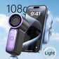 A handheld personal fan shown in front of a smartphone, with a large '108g' text overlay and a 'Light' bubble on a cloudy blue background. The fan has a purple and black design.