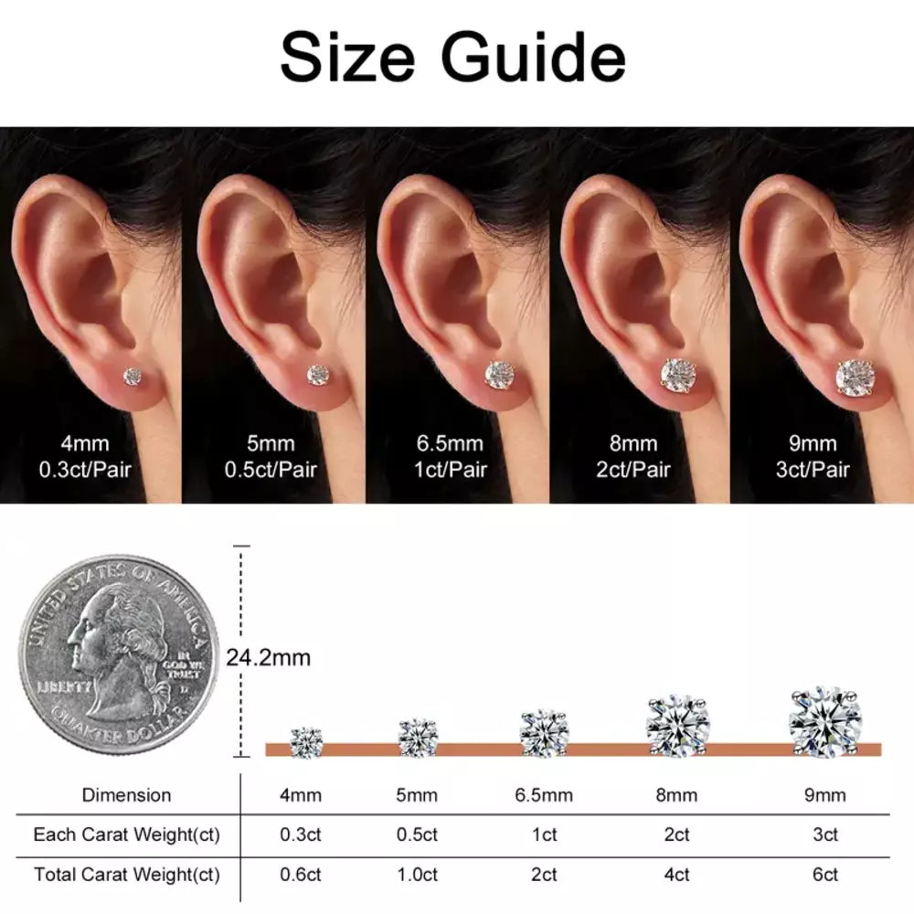 Moissanite stud earrings available in 4 mm, 5 mm, 6.5 mm, 8 mm and 9 mm sizes